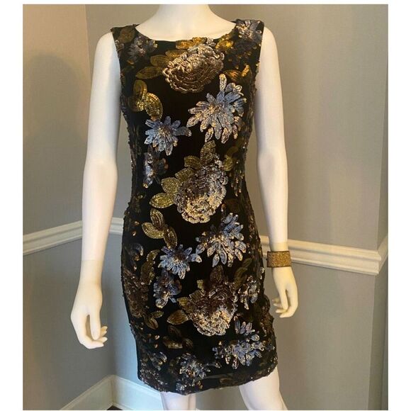 NWT Cache dress sequin Floral gold and silver Size S - Picture 9 of 9